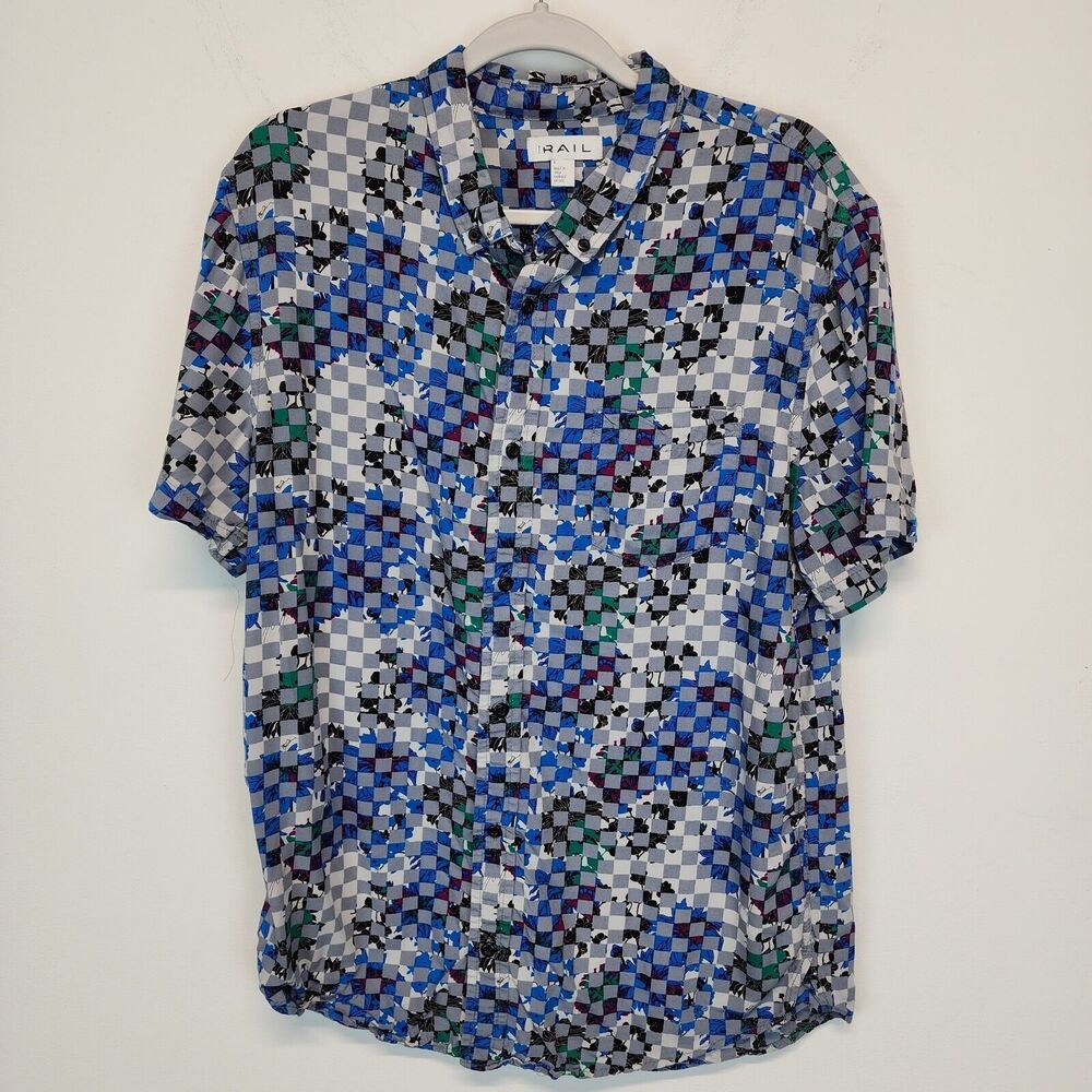 The Rail Mens Geo Print Shirt Size L Blue Short Sleeve Button Up Rayon 80s Retro